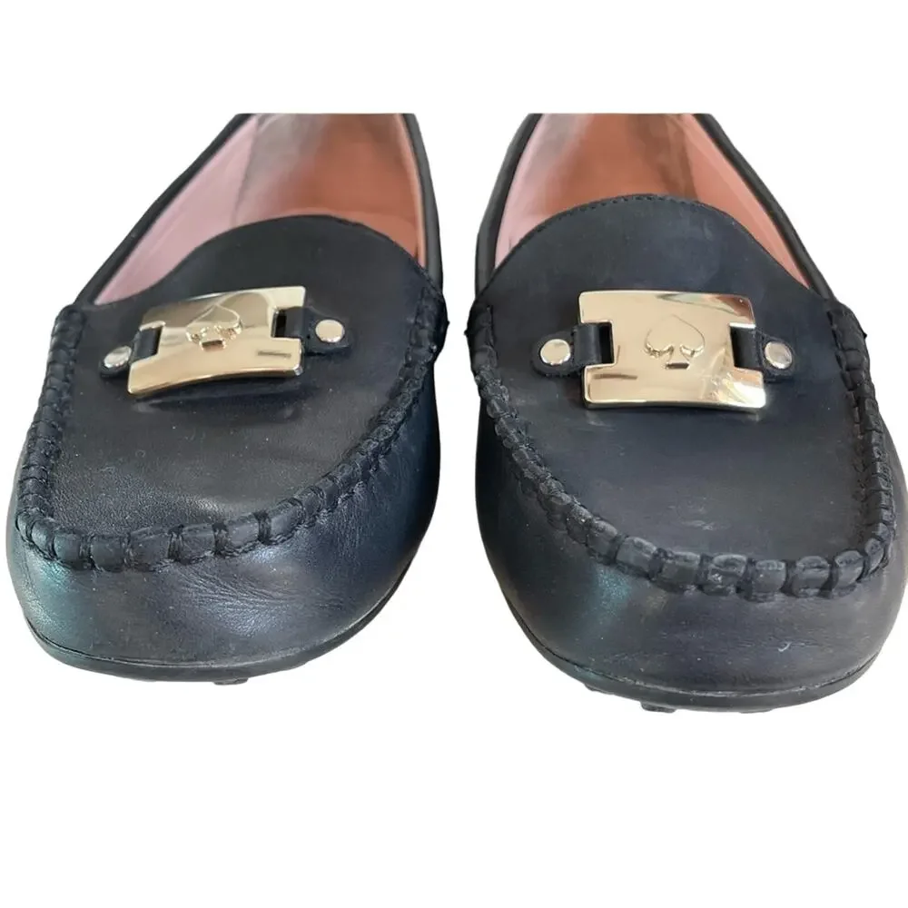 Kate Spade Black Carmen Leather Driving Loafers with Silver Spade Hardware 7B